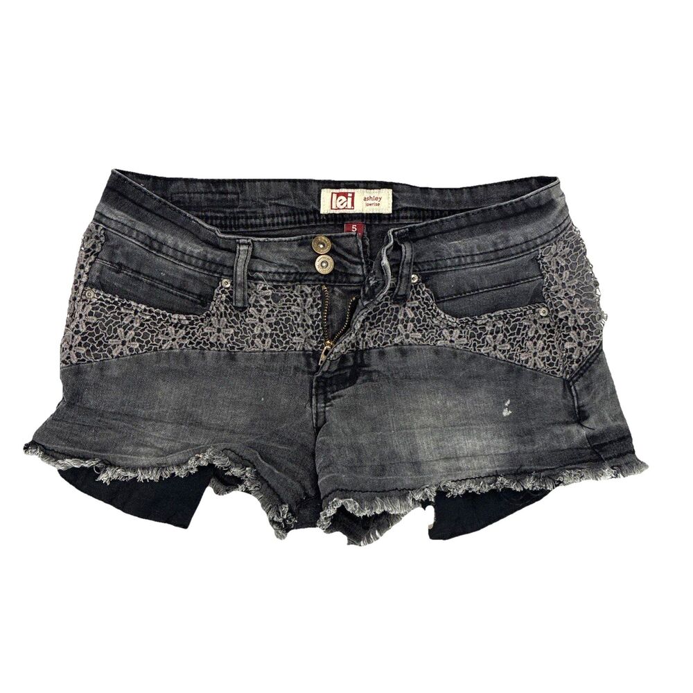 LEI Millie Low Rise Booty Micro Junior Jean Shorts Sz 5 Black Crochet Y2K Grunge